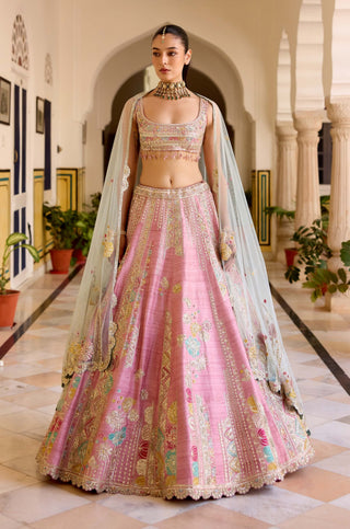 Rosaline pink raw silk embroidered lehenga set