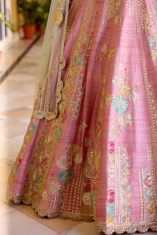 Rosaline pink raw silk embroidered lehenga set