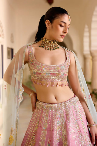 Rosaline pink raw silk embroidered lehenga set