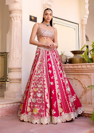 Cut ruby mulberry silk panelled lehenga set