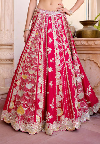 Cut ruby mulberry silk panelled lehenga set