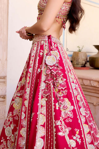 Cut ruby mulberry silk panelled lehenga set