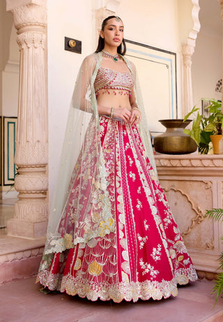 Cut ruby mulberry silk panelled lehenga set