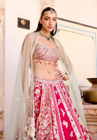 Cut ruby mulberry silk panelled lehenga set