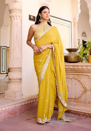 Canary yellow georgette sari with blouse