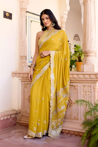 Canary yellow georgette sari with blouse