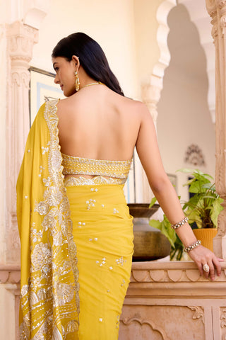 Canary yellow georgette sari with blouse