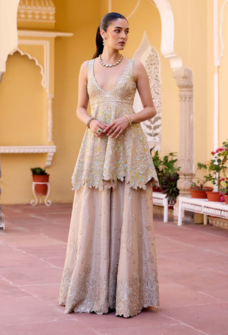 Frost champagne tissue silk peplum top with garara