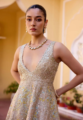 Frost champagne tissue silk peplum top with garara