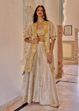 Frost champagne tissue silk open jacket with garara