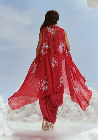 Nachiket Barve-Red Izmir Carnations Cape And Draped Skirt Set-INDIASPOPUP.COM