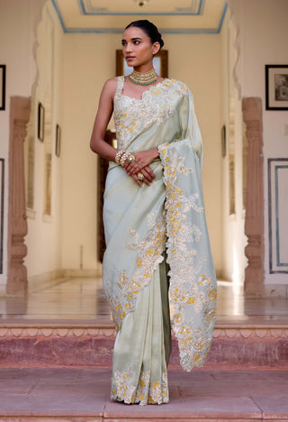 Sage tissue silk embroidered sari with blouse