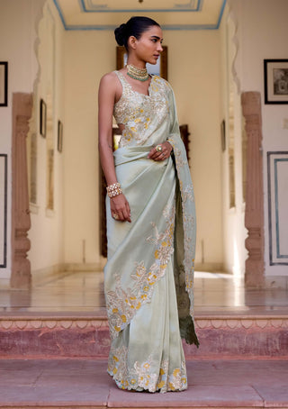 Sage tissue silk embroidered sari with blouse