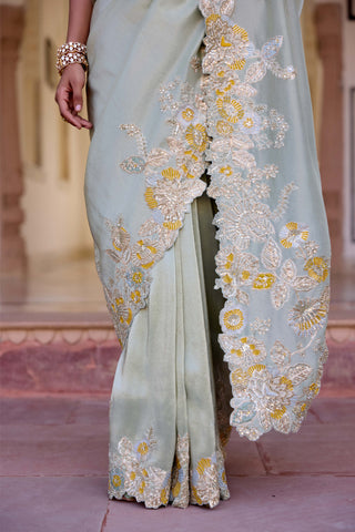 Sage tissue silk embroidered sari with blouse