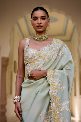 Sage tissue silk embroidered sari with blouse
