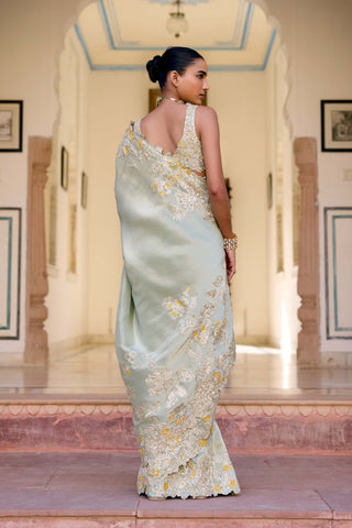 Sage tissue silk embroidered sari with blouse