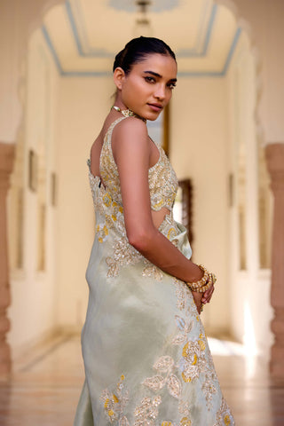 Sage tissue silk embroidered sari with blouse