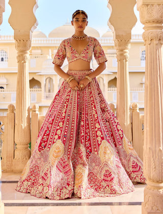 Cut ruby raw silk bridal lehenga set