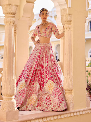 Cut ruby raw silk bridal lehenga set