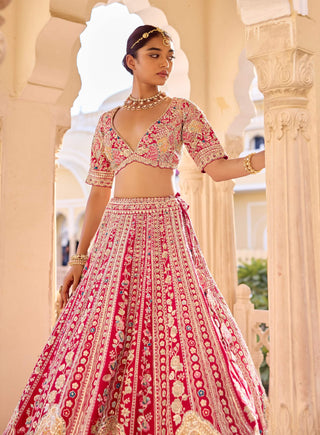 Cut ruby raw silk bridal lehenga set