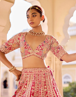 Cut ruby raw silk bridal lehenga set