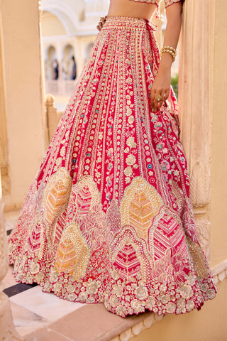 Cut ruby raw silk bridal lehenga set