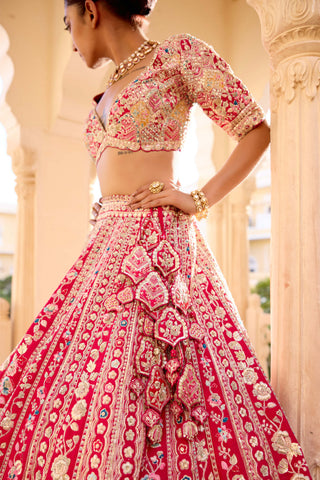 Cut ruby raw silk bridal lehenga set