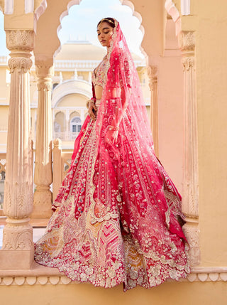 Cut ruby raw silk bridal lehenga set