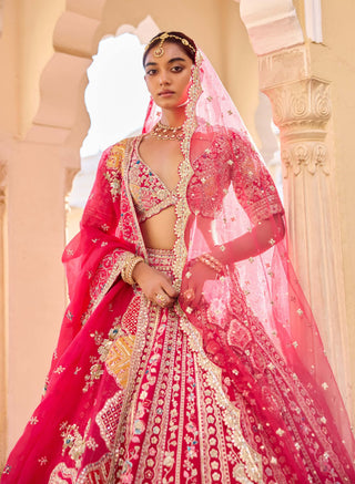 Cut ruby raw silk bridal lehenga set