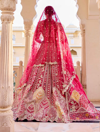 Cut ruby raw silk bridal lehenga set