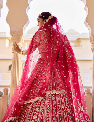 Cut ruby raw silk bridal lehenga set