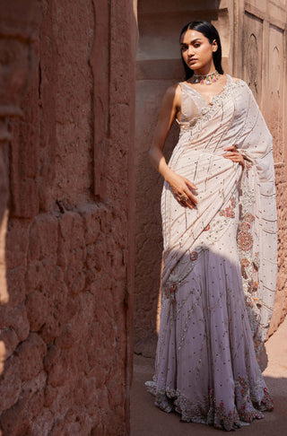 Dolly J-Zephyr Dusty Ivory Kalidar Sari And Blouse-INDIASPOPUP.COM