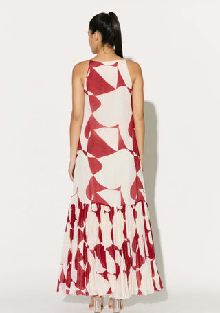 White and red abstract sleeveless long dress