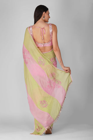 Devyani Mehrotra-Pink Green Striped Sari Set-INDIASPOPUP.COM