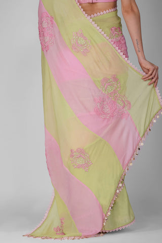 Devyani Mehrotra-Pink Green Striped Sari Set-INDIASPOPUP.COM