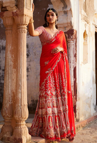 Dolly J-Ida Red Kalidar Bridal Sari Set-INDIASPOPUP.COM