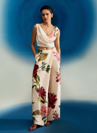 Crimson passion drape satin pearls top with pants
