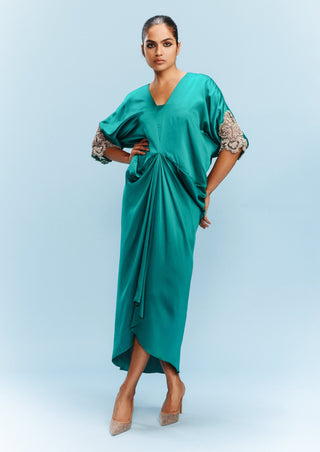 Nova Pine Green Satin Kaftan by Dolly J, available on Indiaspopup.com