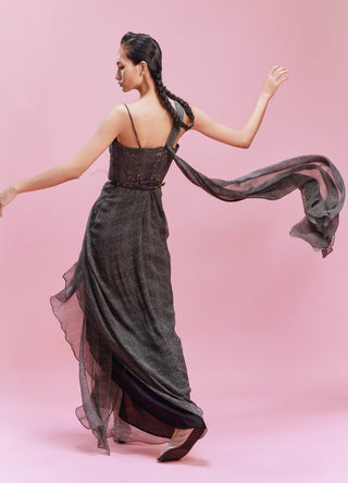 Clarette Geometric Print Chiffon Draped Gown by Dolly J, available on Indiaspopup.com