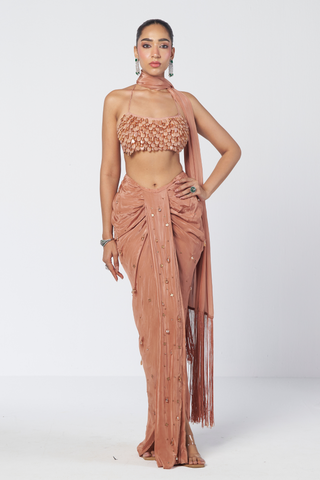 Crush peach drape skirt set
