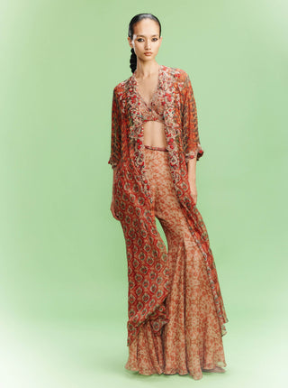 Mellow poetry orange printed sharara and cape set