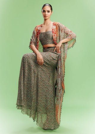 Bianka green printed chiffonskirt and cape set