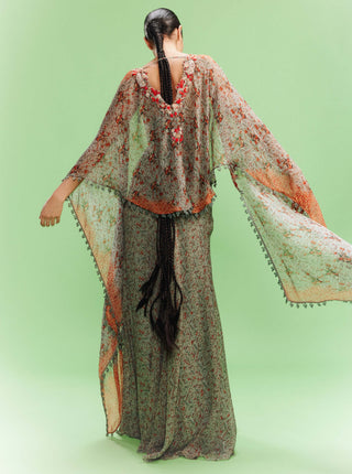 Bianka green printed chiffonskirt and cape set