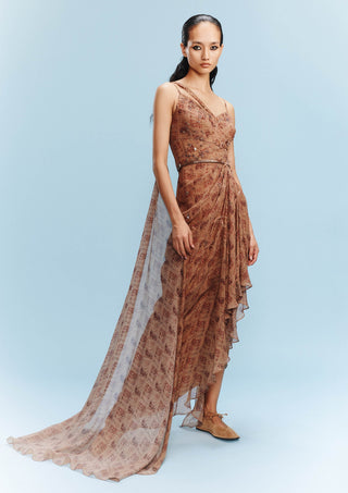 Chloe Burnt Orange Printed Draped Gown by Dolly J, available on Indiaspopup.com