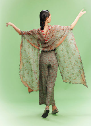 Jazz green printed sharara-bustier and cape