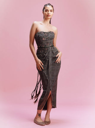 Minya Printed Black Draped Dress by Dolly J, available on Indiaspopup.com