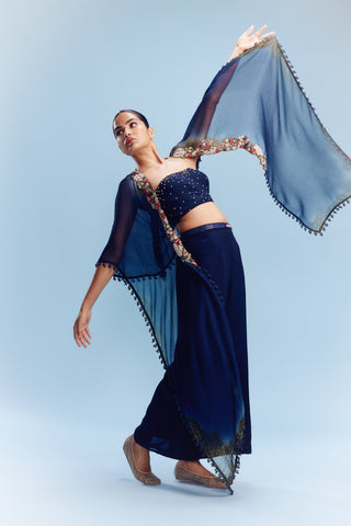 Inessa Navy Blue Bustier-Sharara And Cape by Dolly J, available on Indiaspopup.com