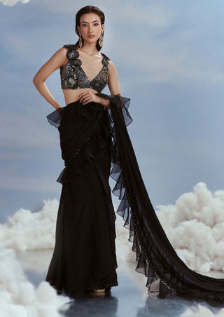 Nachiket Barve-Black Pre-Stitched Draped Sari And Blouse-INDIASPOPUP.COM