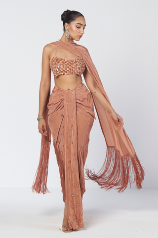 Crush peach drape skirt set