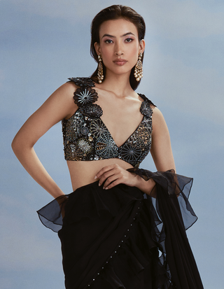 Nachiket Barve-Black Pre-Stitched Draped Sari And Blouse-INDIASPOPUP.COM